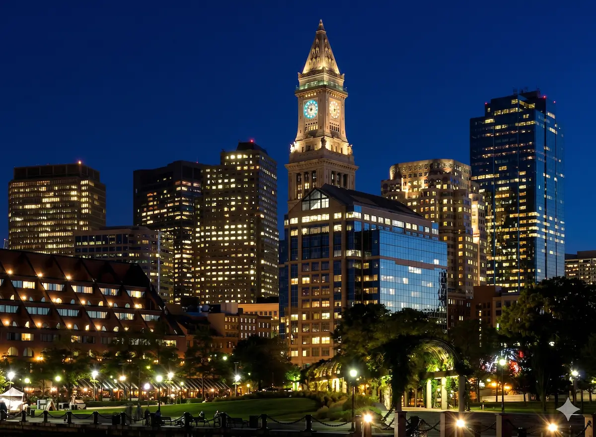 A view of the Custom House Tower and Boston skyline at night from a park with a lit walkway and lush greenery under a deep blue sky.