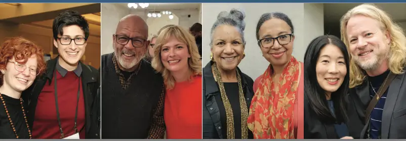 Collage of smiling pairs posing together at indoor social events