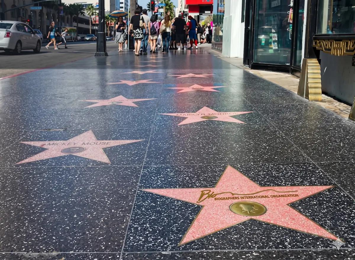 Pedestrians walk along the Hollywood Walk of Fame, featuring pink stars for Biographers International Organization, Mickey Mouse, and Marilyn Monroe.