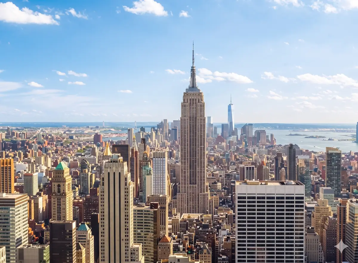 The Empire State Building rises above the midtown Manhattan skyline under a bright blue sky with light clouds, with One World Trade Center in the distance.